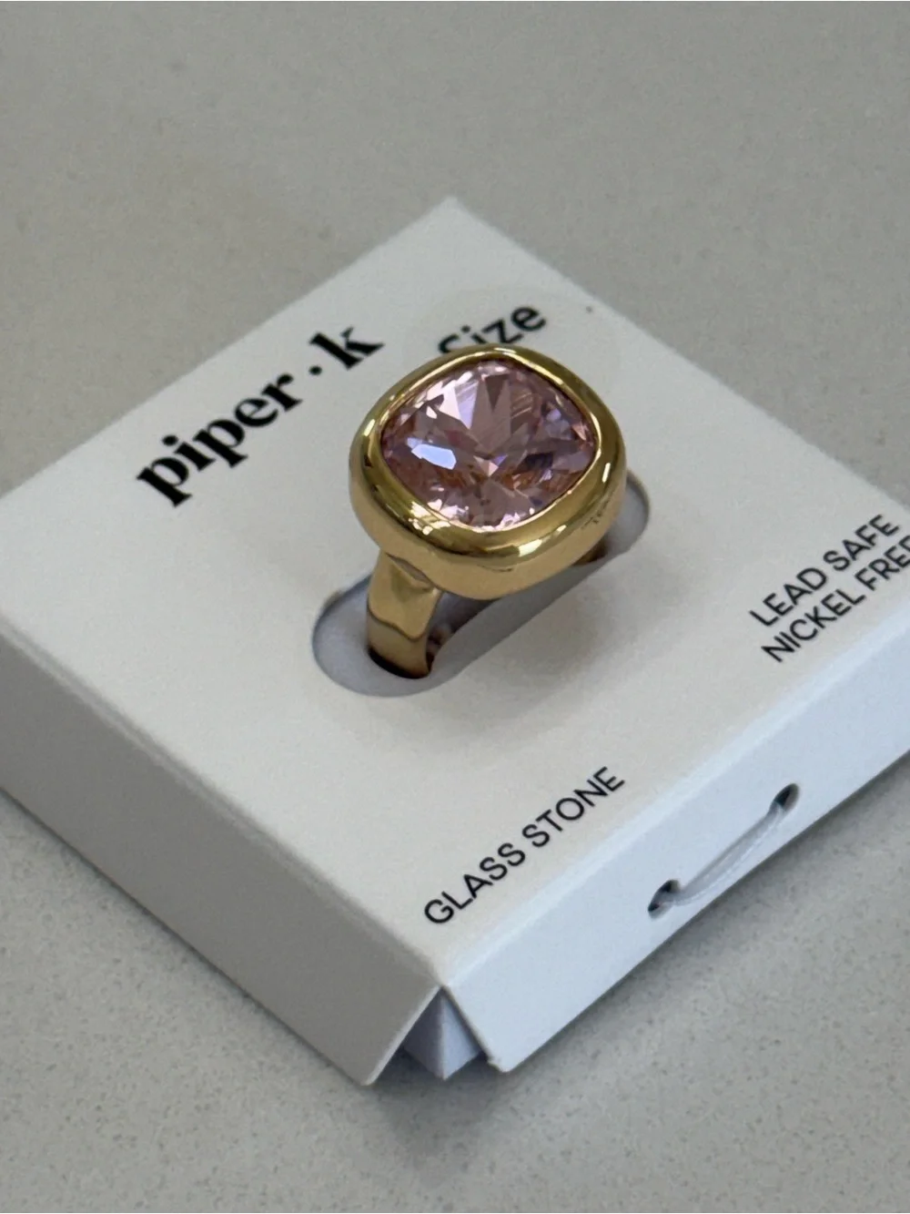 Piper Gold-Tone Ring with Blush Pink Cushion Stone 8 NIB